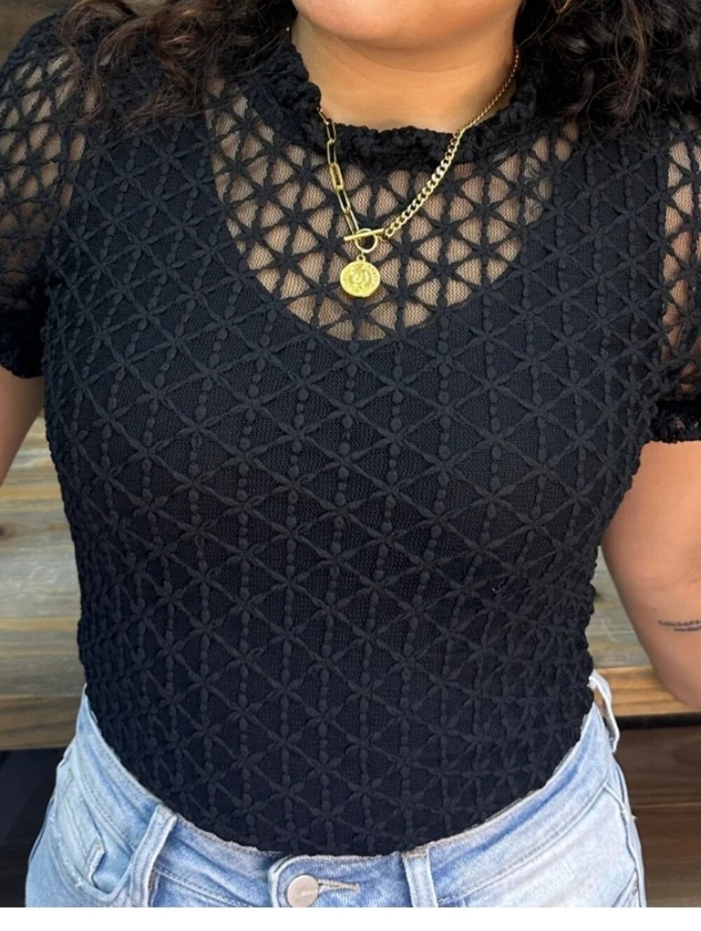 Black Textured Lace Short Sleeve Blouse